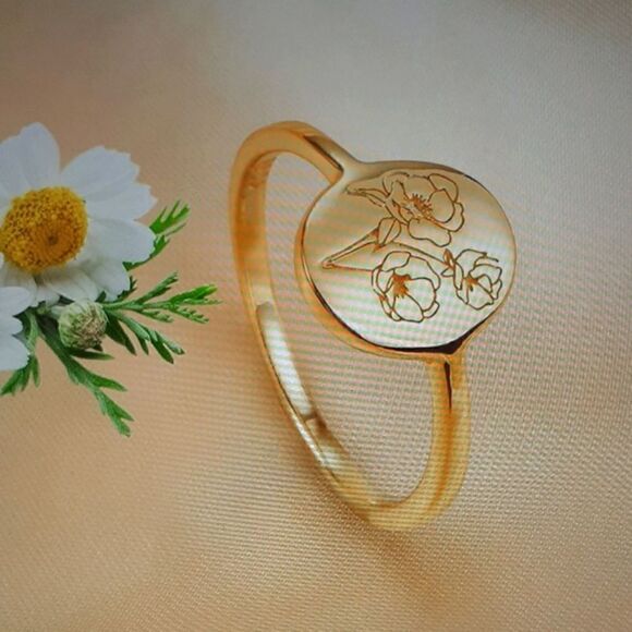 New 18K Gold Plated 925 Sterling Silver Handmade Flower Signet Minimalistic Ring - Picture 2 of 3